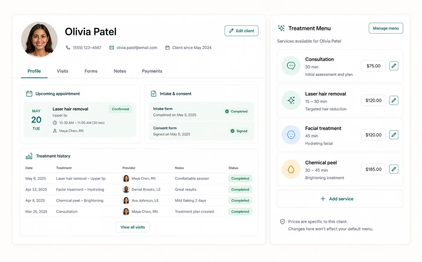 Zenome client and treatment workspace with forms and visit context
